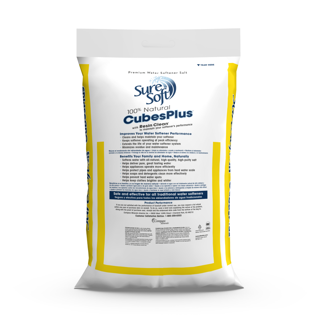 The back of a 40-pound bag of SureSoft CubesPlus with Resin Clean water softener salt.