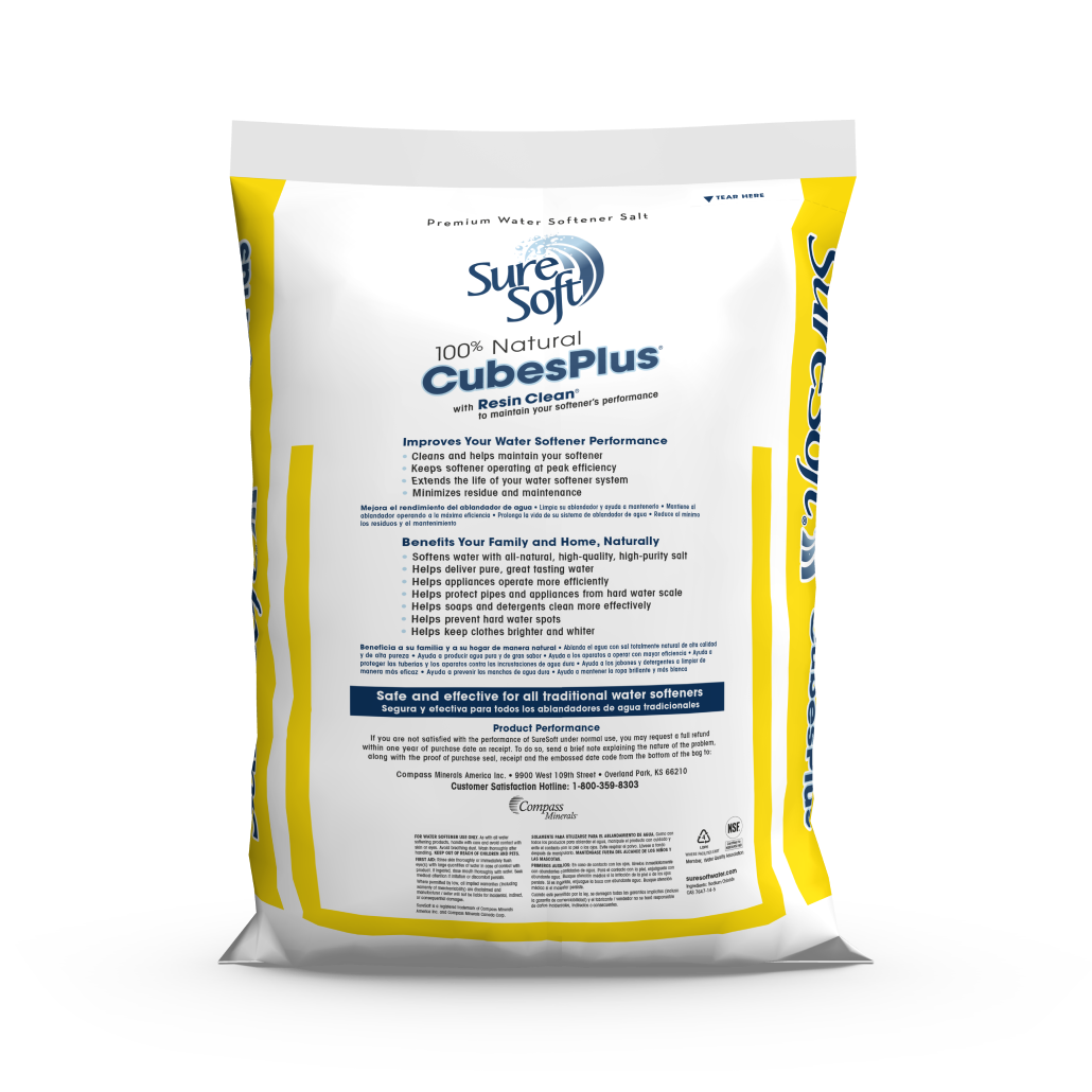 The back of a 50-pound bag of SureSoft CubesPlus with Resin Clean water softener salt.