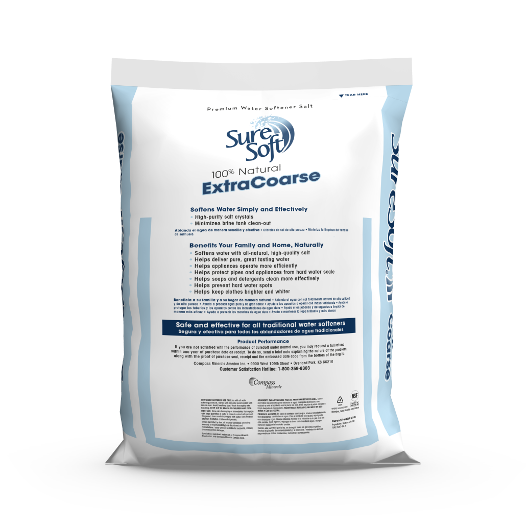 The back of a 50-pound bag of SureSoft Extra Coarse water softener salt.