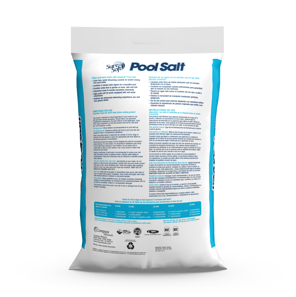 The back of a 40-pound bag of SureSoft Pool Salt.