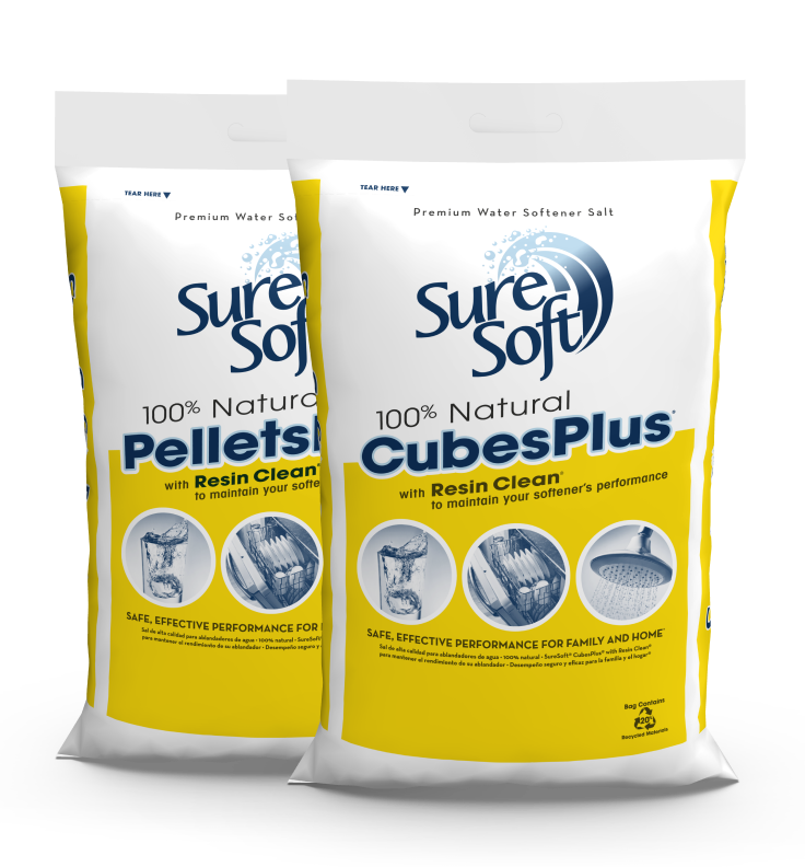 A bag of SureSoft PelletsPlus with Resin Clean water softener salt next to a bag of SureSoft CubesPlus with Resin Clean water softener salt.