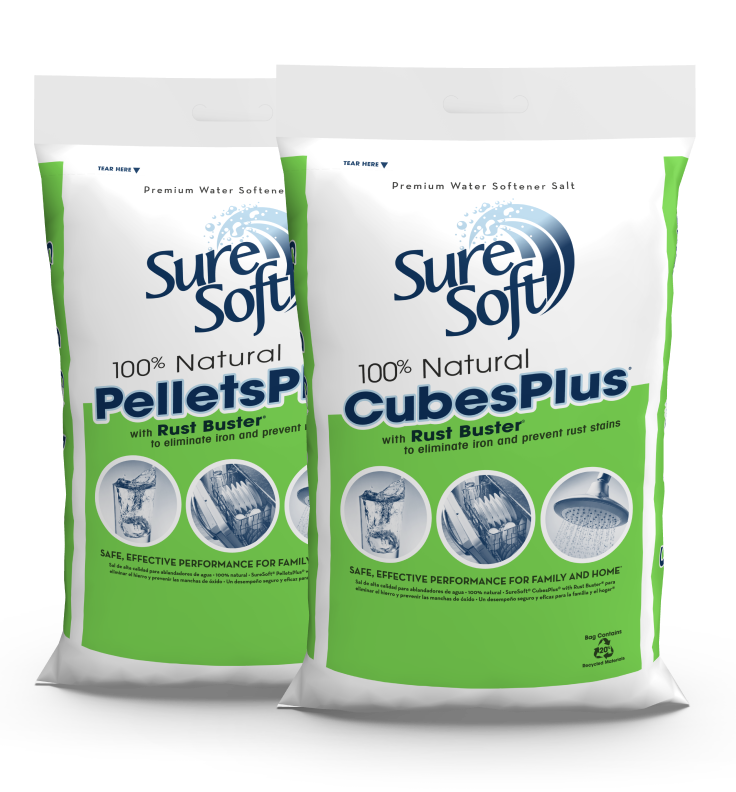 A bag of SureSoft PelletsPlus with Rust Buster water softener salt next to a bag of SureSoft CubesPlus with Rust Buster water softener salt
