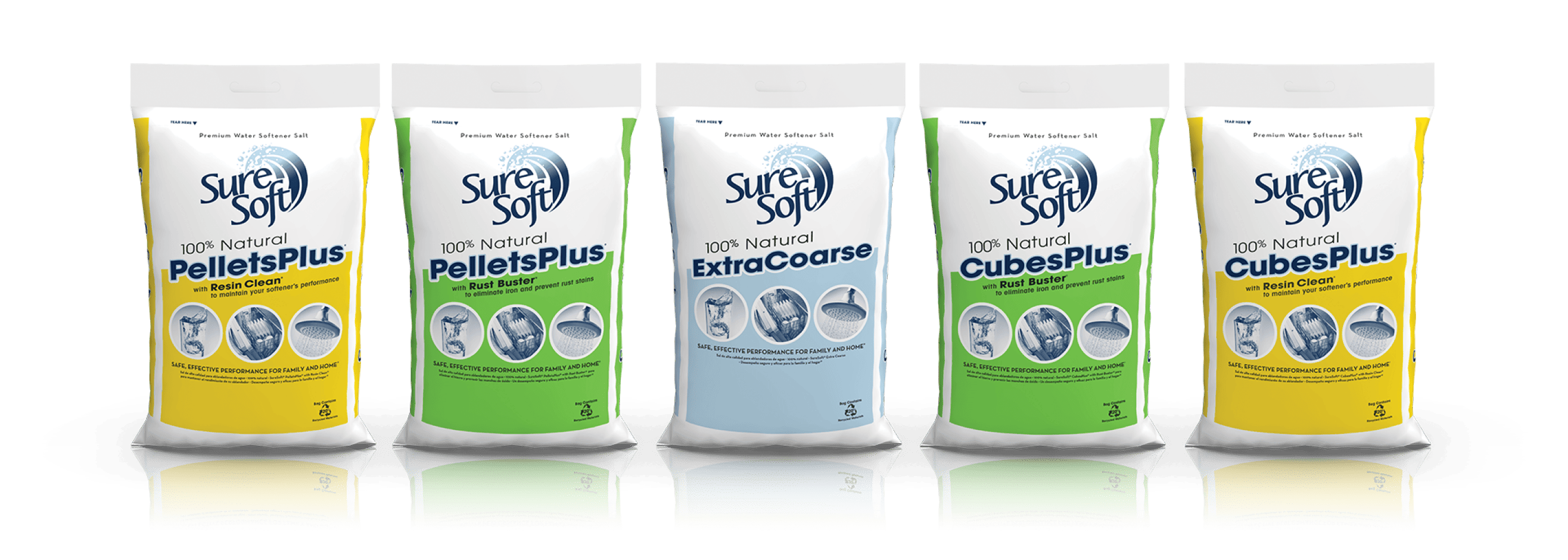 Five different bags of SureSoft water softener salt