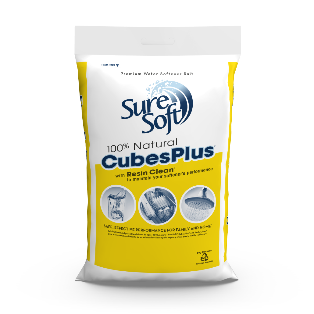 The front of a 40-pound bag of SureSoft CubesPlus with Resin Clean water softener salt.