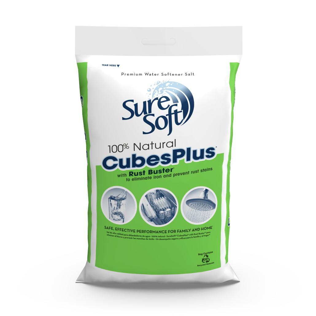 The front of a 40-pound bag of SureSoft CubesPlus with Rust Buster water softener salt.