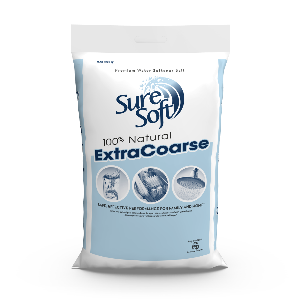 The front of a 40-pound bag of SureSoft Extra Coarse water softener salt.