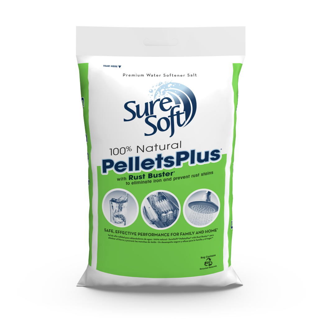 The front of a 40-pound bag of SureSoft PelletsPlus with Rust Buster water softener salt.