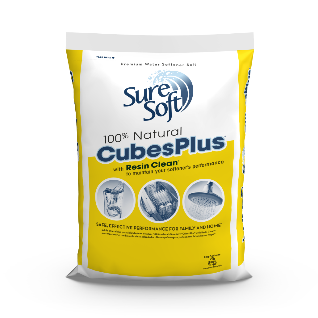 The front of a 50-pound bag of SureSoft CubesPlus with Resin Clean water softener salt.