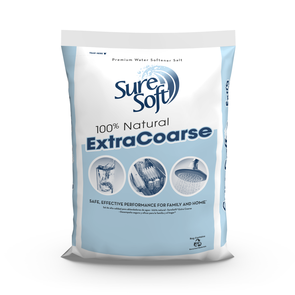 The front of a 50-pound bag of SureSoft Extra Coarse water softener salt.