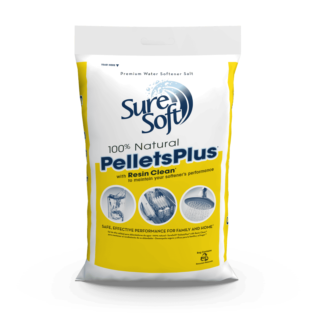The front of a 40-pound bag of SureSoft PelletsPlus with Resin Clean salt.