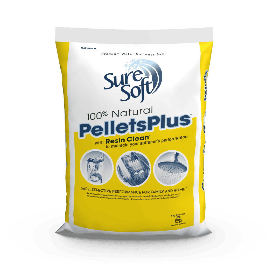 The front of a 50-pound bag of SureSoft PelletsPlus with Resin Clean salt.