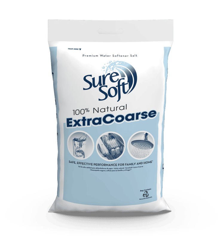 The front of a bag of SureSoft Extra Coarse water softener salt.