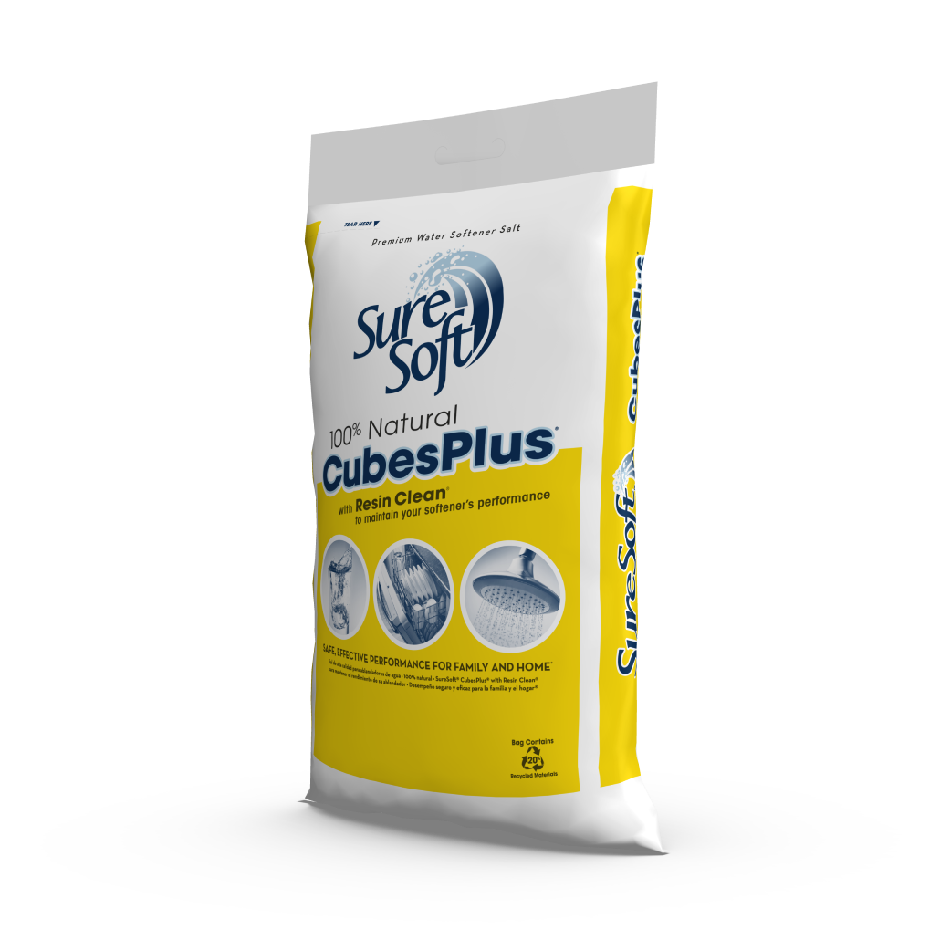 The left side of a 40-pound bag of SureSoft CubesPlus with Resin Clean water softener salt.