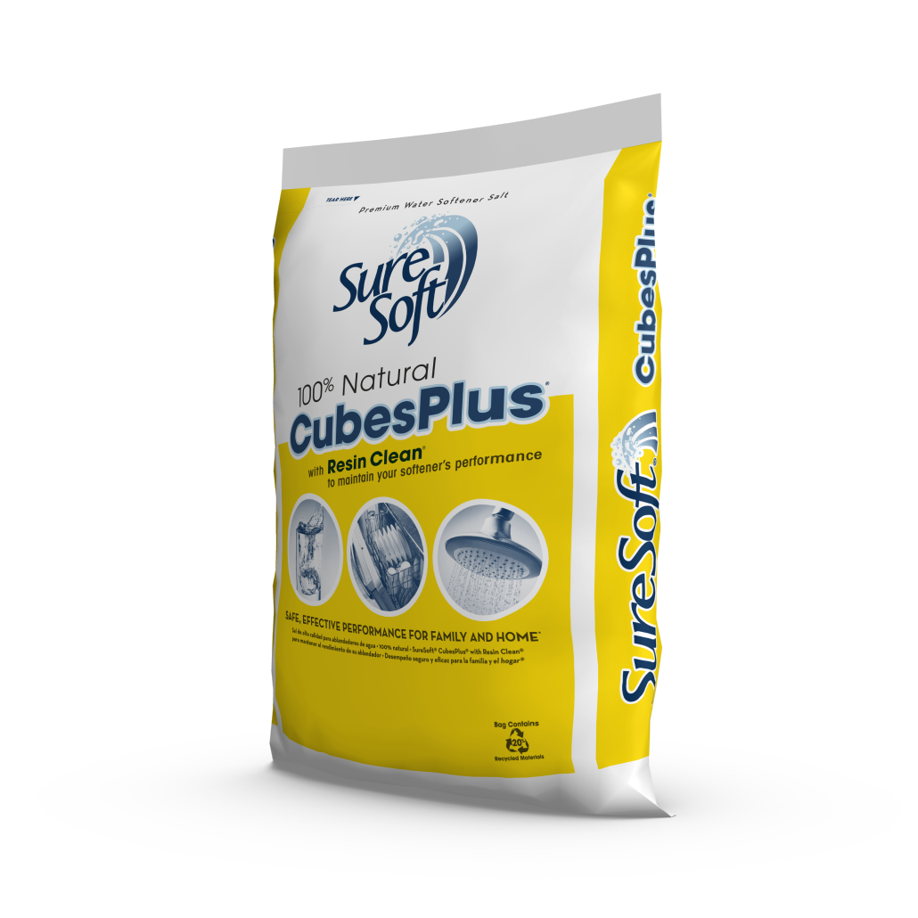 The left side of a 50-pound bag of SureSoft CubesPlus with Resin Clean water softener salt.