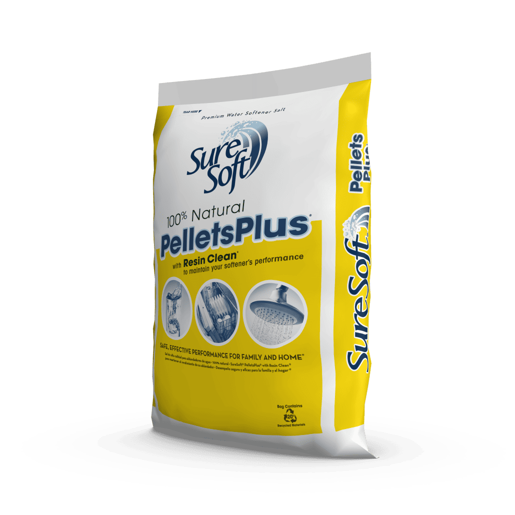 The left side of a 50-pound bag of SureSoft PelletsPlus with Resin Clean salt.