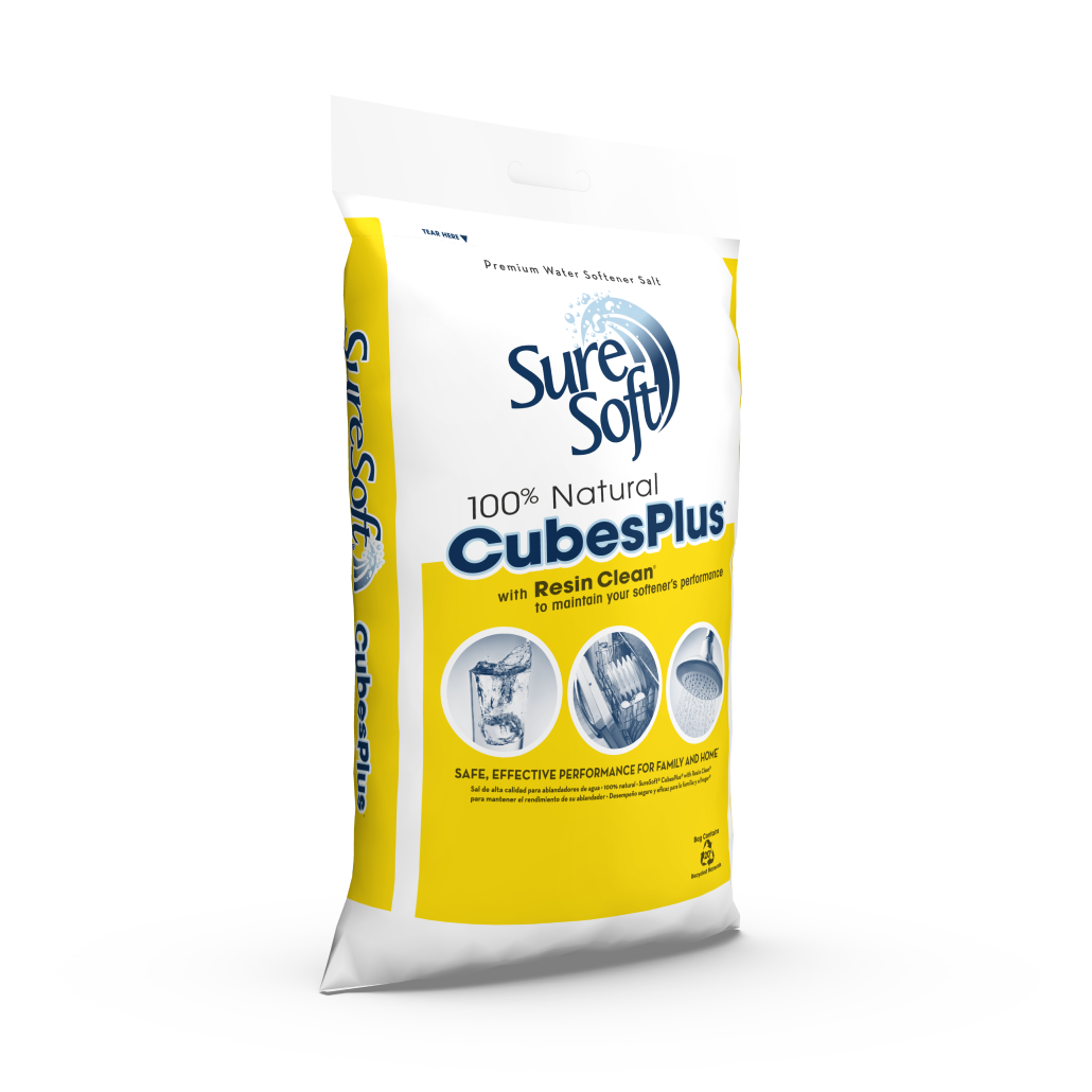 The right side of a 40-pound bag of SureSoft CubesPlus with Resin Clean water softener salt.