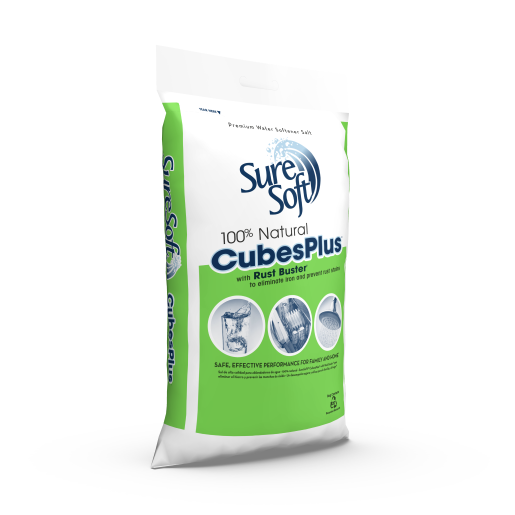 The right side of a 40-pound bag of SureSoft CubesPlus with Rust Buster water softener salt.