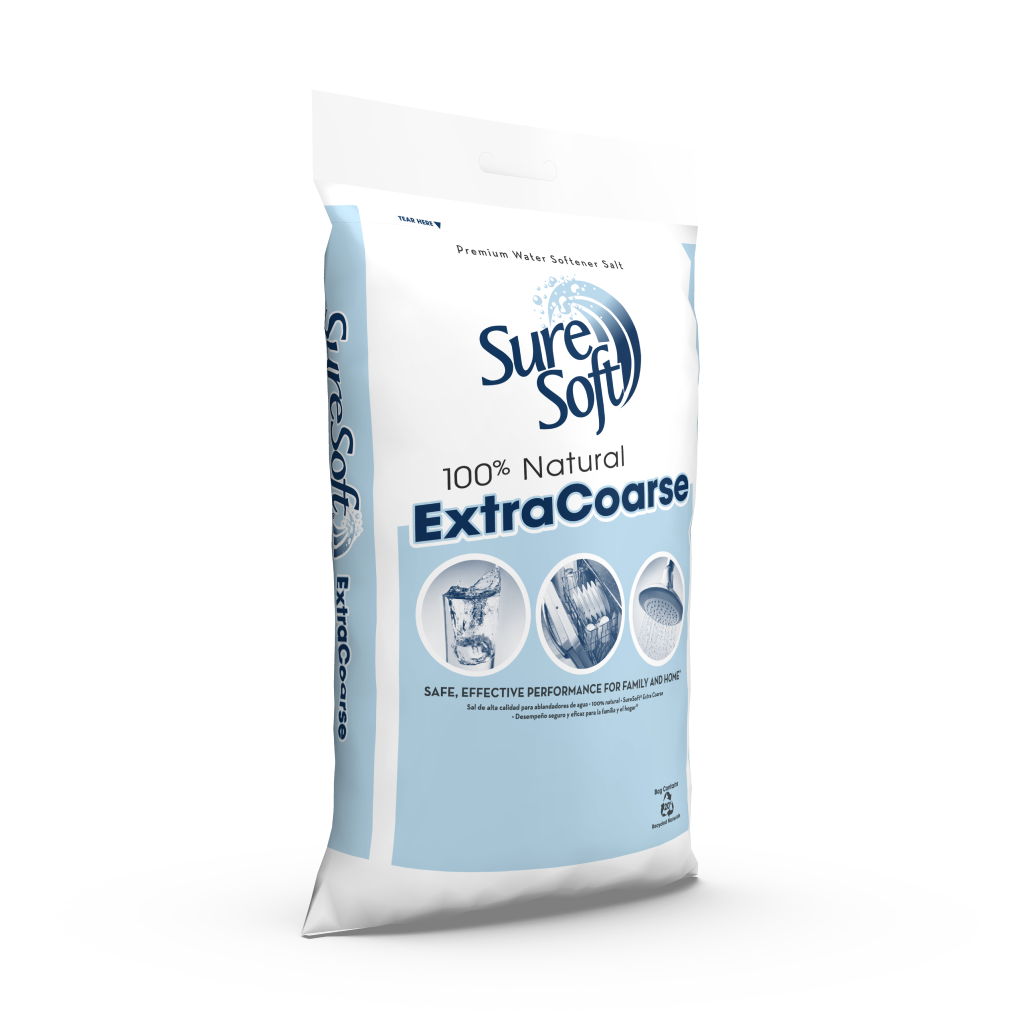 The right side of a 40-pound bag of SureSoft Extra Coarse water softener salt.