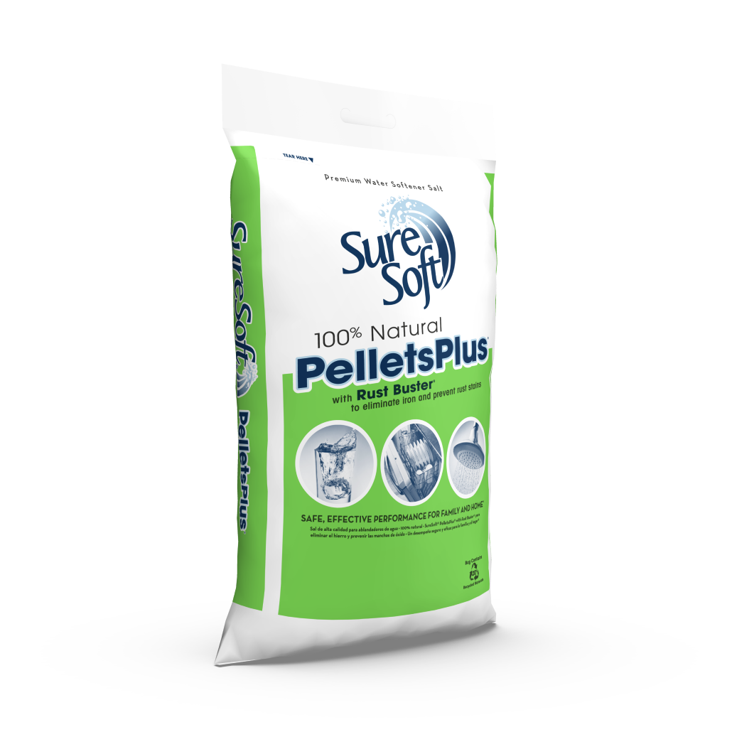 The right side of a 40-pound bag of SureSoft PelletsPlus with Rust Buster water softener salt.