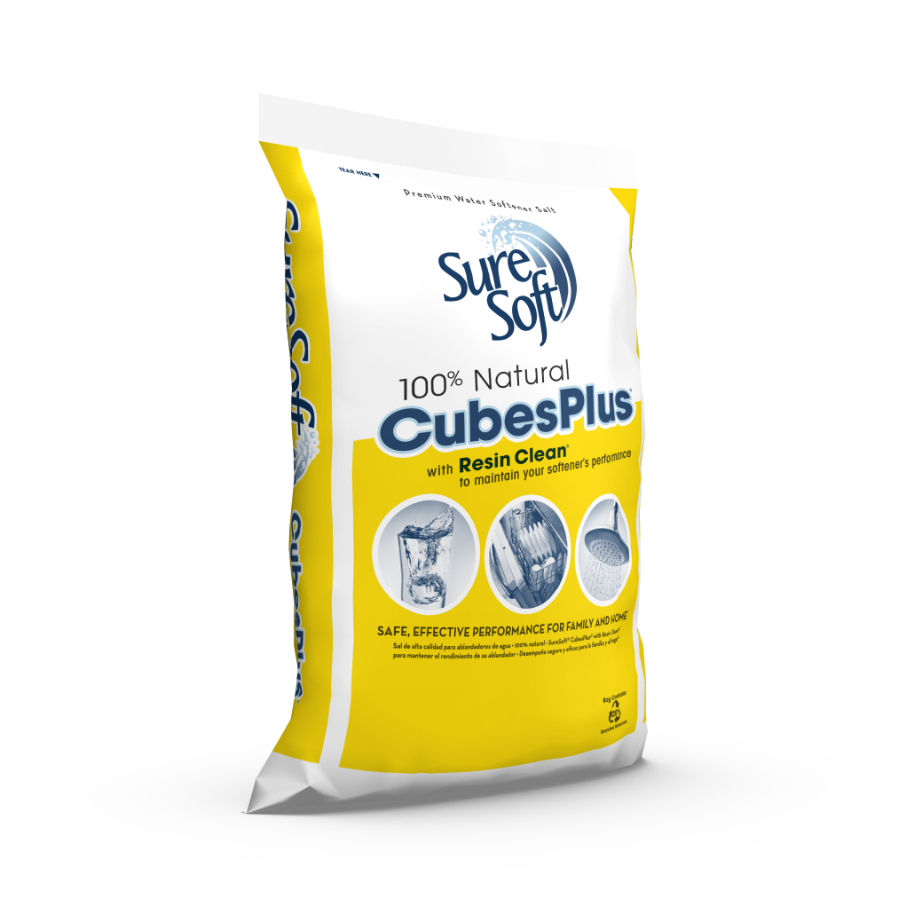 The right side of a 50-pound bag of SureSoft CubesPlus with Resin Clean water softener salt.