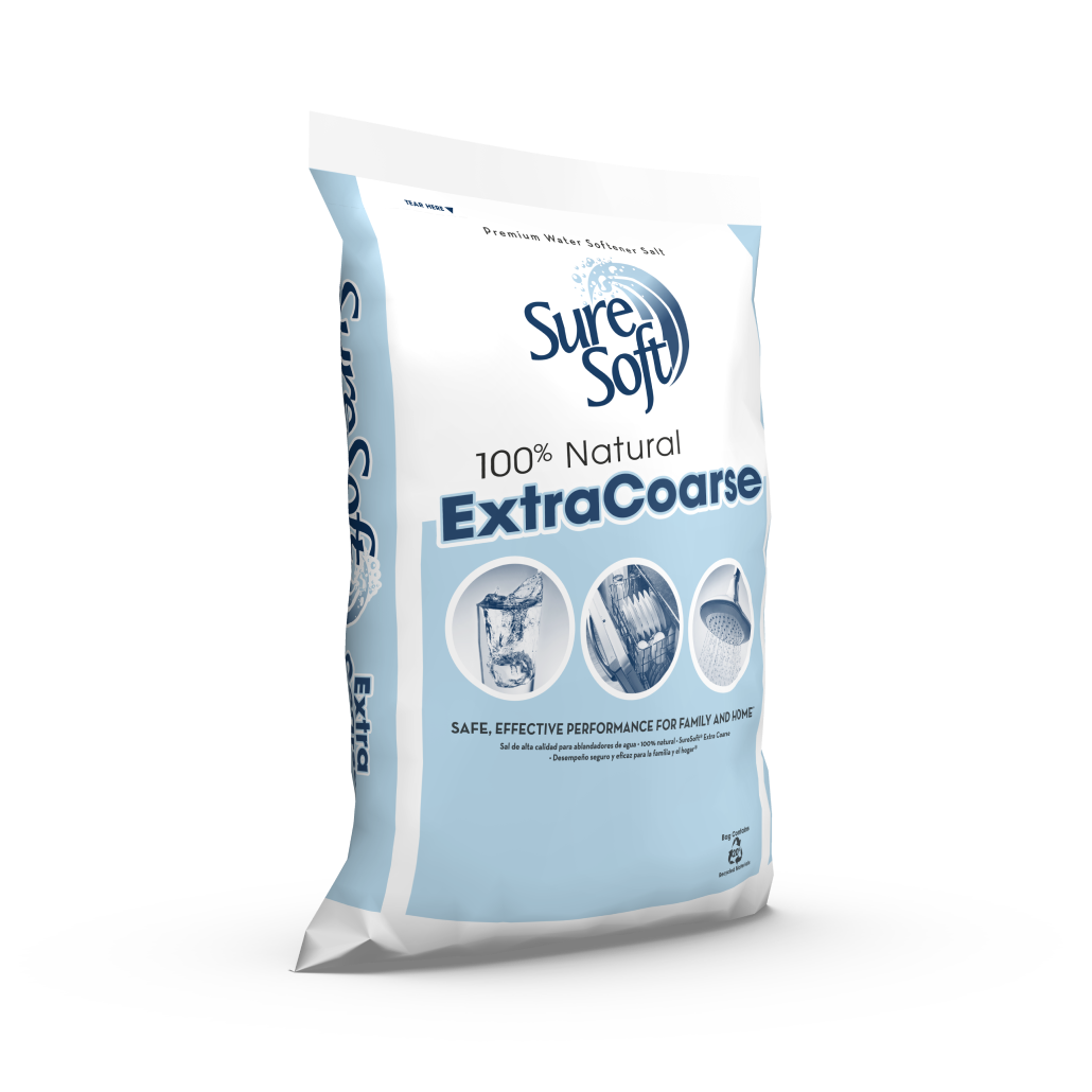 The right side of a 50-pound bag of SureSoft Extra Coarse water softener salt.