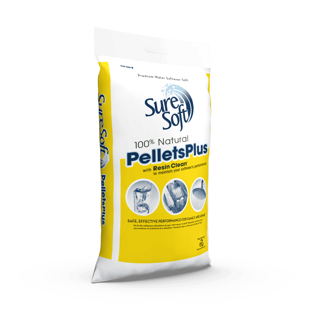 The right side of a 40-pound bag of SureSoft PelletsPlus with Resin Clean salt.