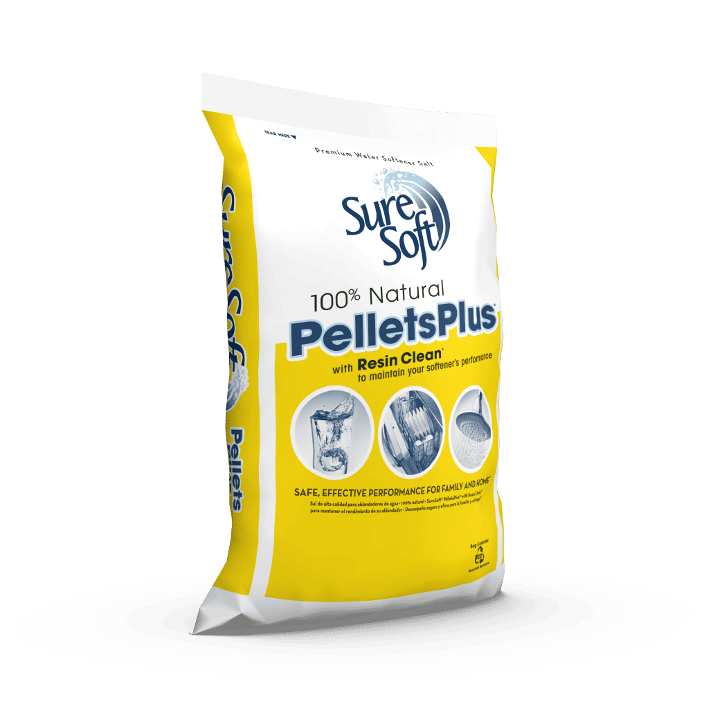 The right side of a 50-pound bag of SureSoft PelletsPlus with Resin Clean salt.