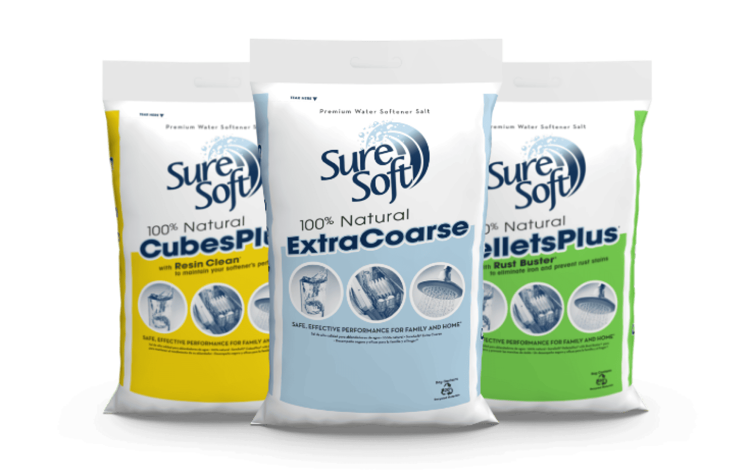 Three bags of SureSoft water softener salt.
